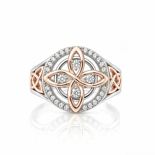 Avera Witch Knot Ring, rose gold witch knot framed by cubic zirconia