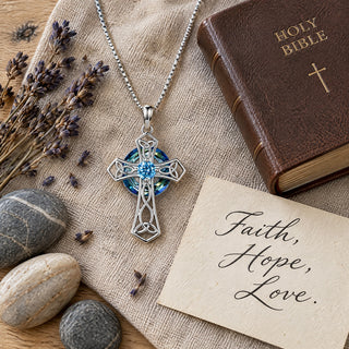 Celtic cross necklace with a Faith, Hope, Love card