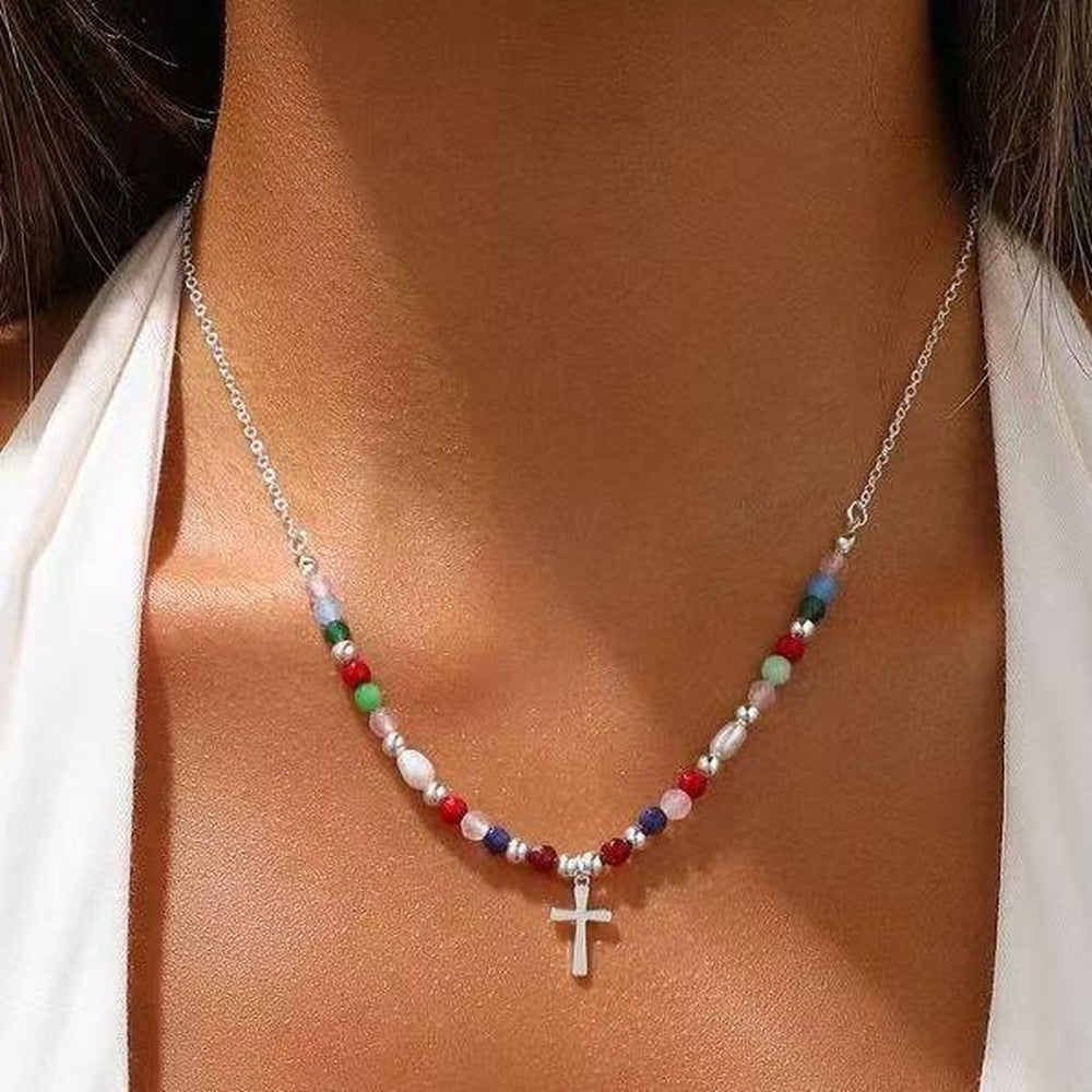 Silver-tone Faith Cross Necklace worn