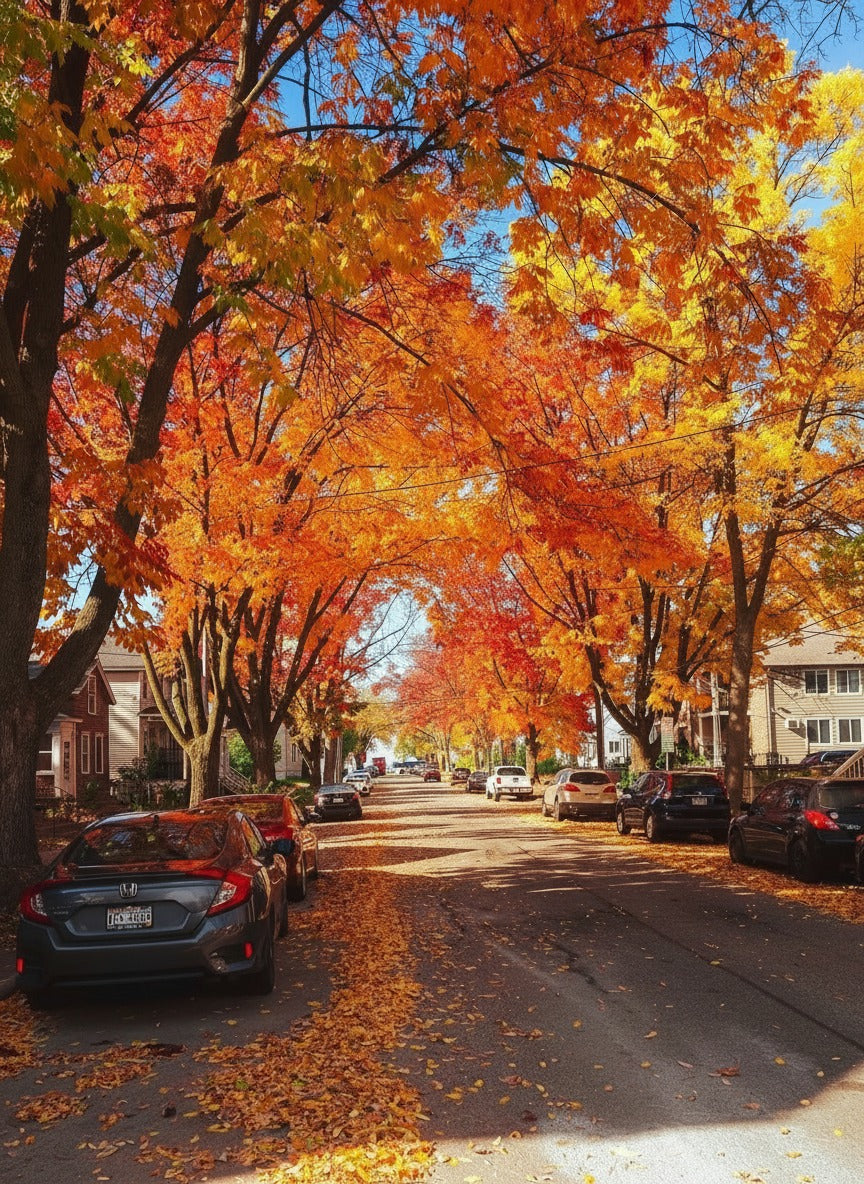A street lined with autumn trees seen through a windscreen