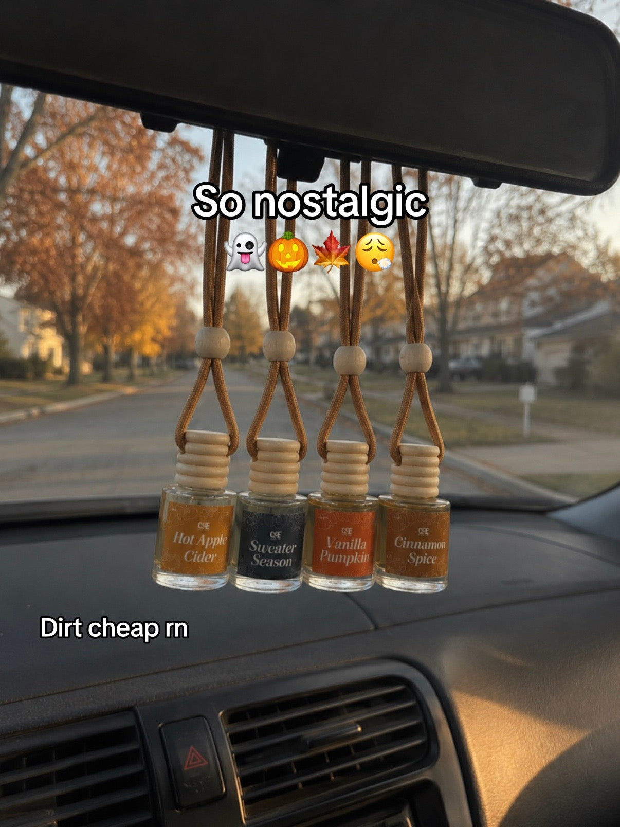 Four fresheners on a rear-view mirror at dusk