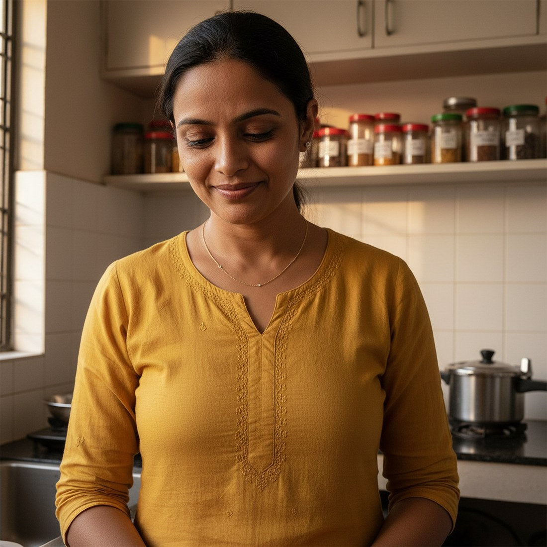 In the kitchen, yellow gold station necklace