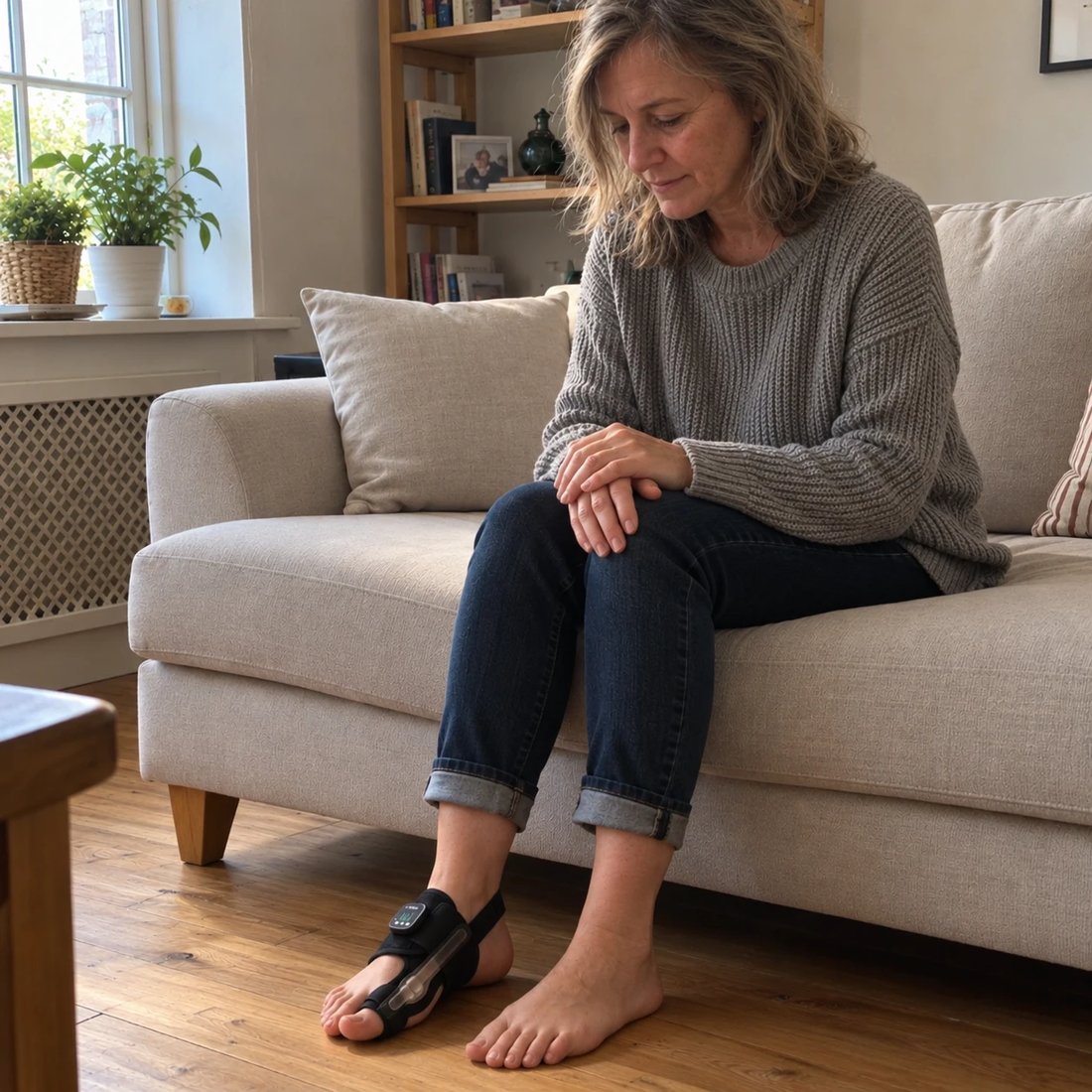 A woman sitting on her sofa, hands on her knee, the Avera support on her foot
