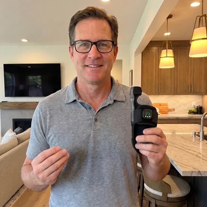 Mark in his kitchen holding up the Avera support he bought for his wife