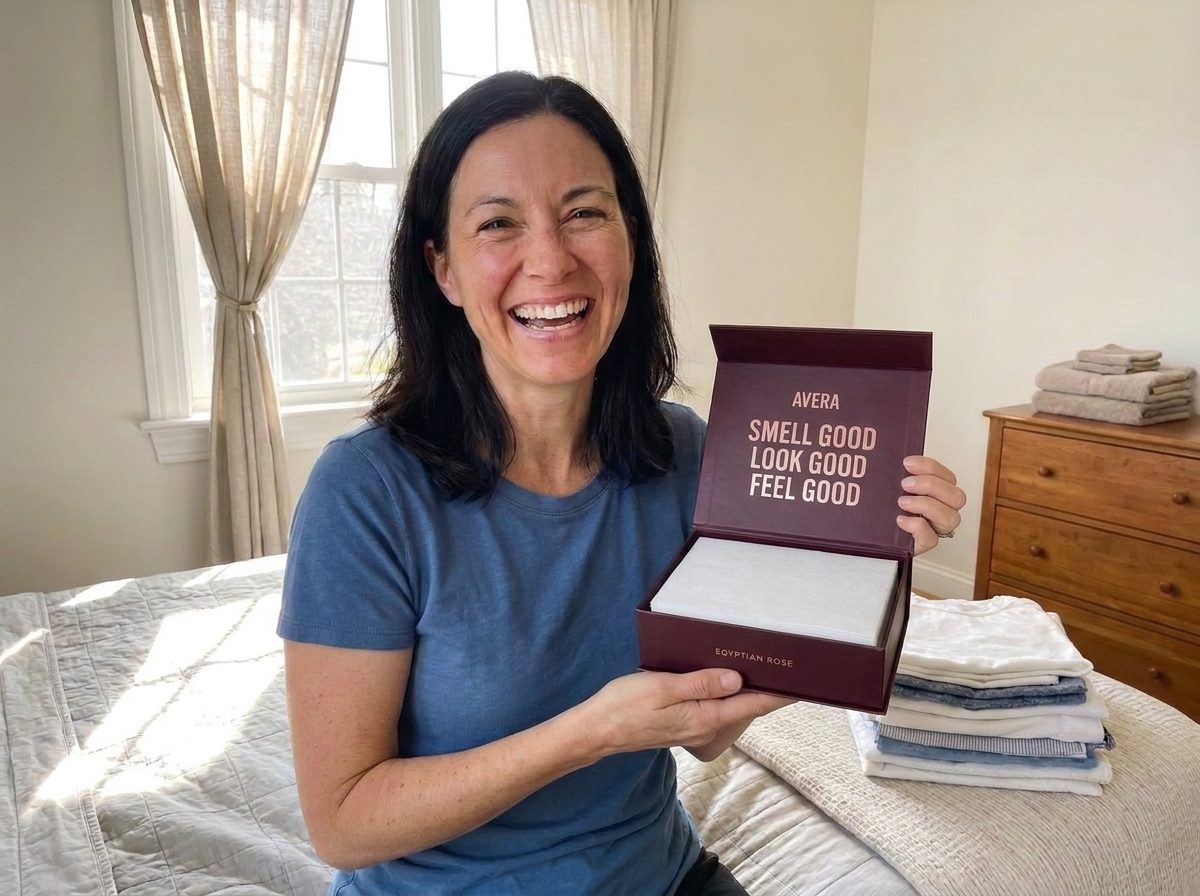 A woman in her bedroom holding up her box of Avera laundry sheets