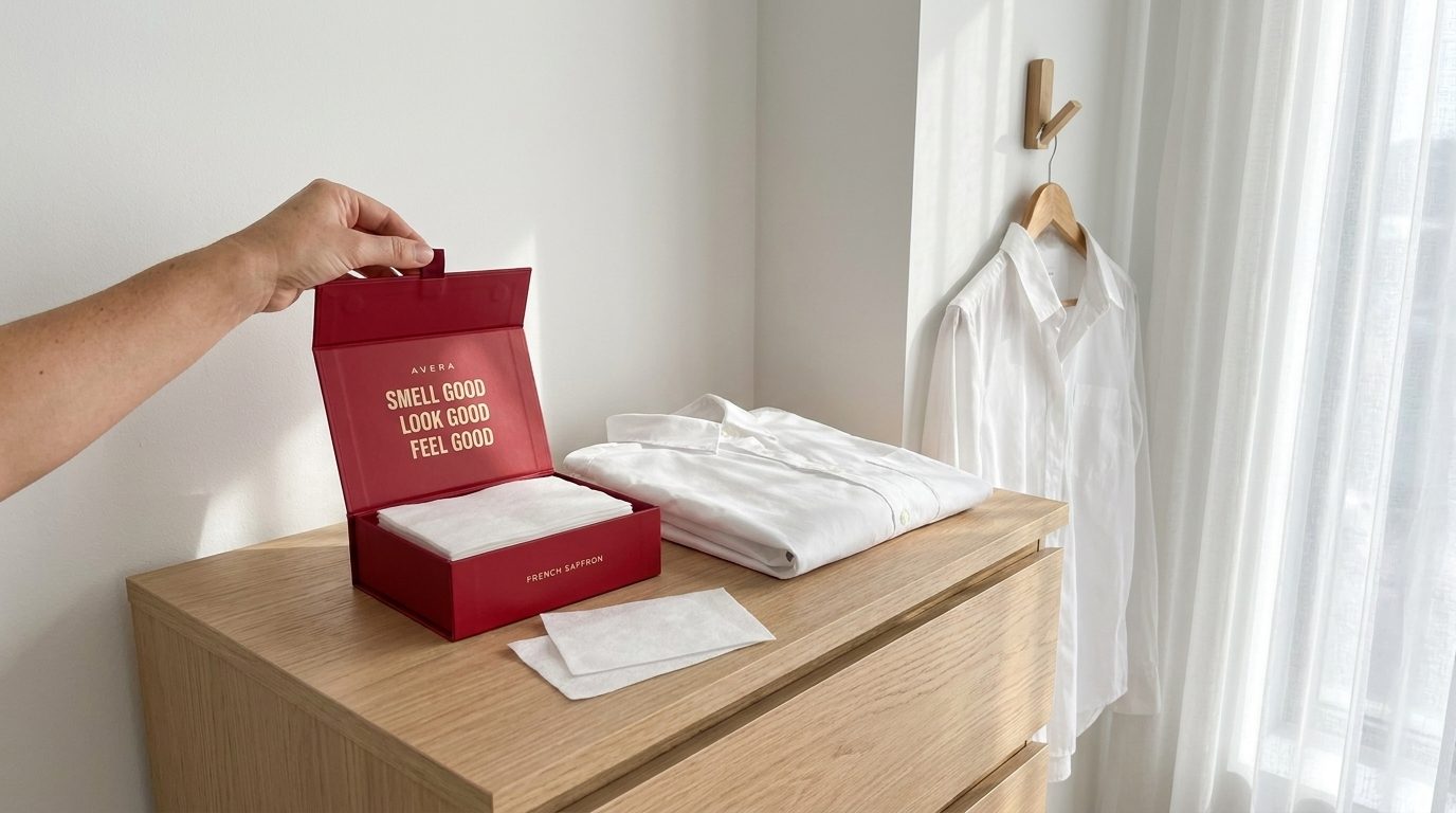 Taking a freshly washed shirt from the drawer, the laundry sheets box beside it