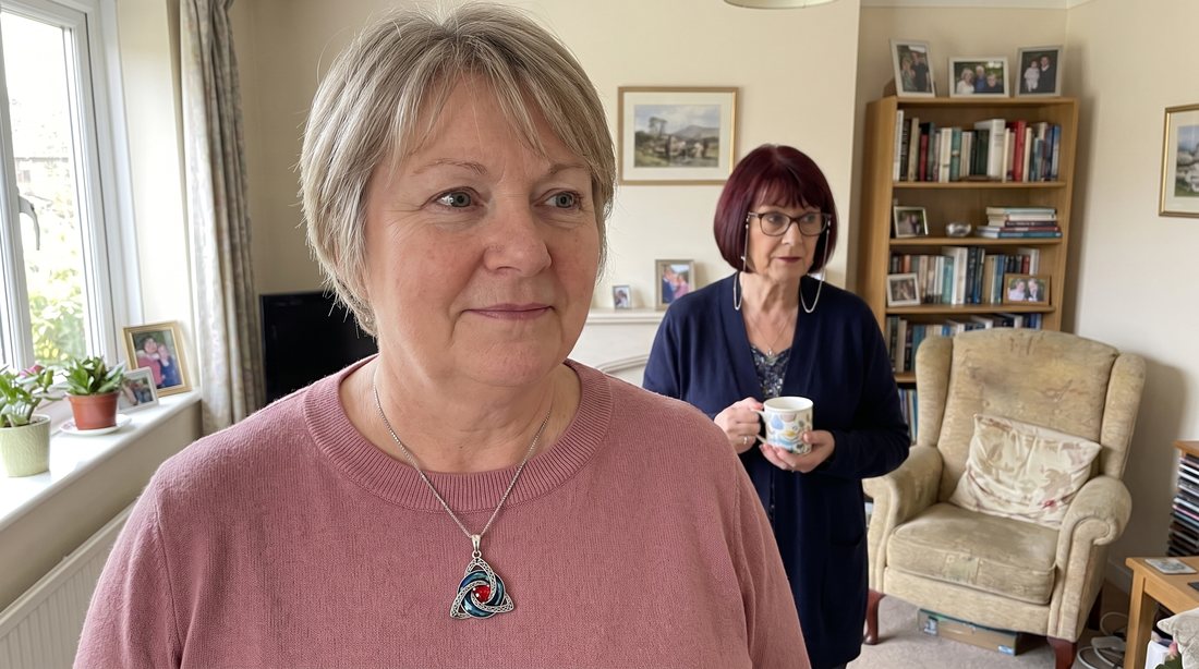 A woman at a family gathering wearing the witch knot necklace, her sister-in-law looking at it