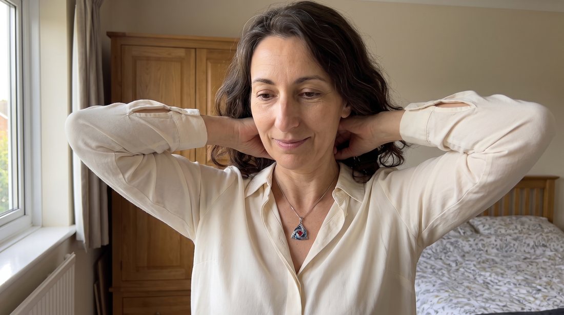 A woman fastening the witch knot necklace in her bedroom