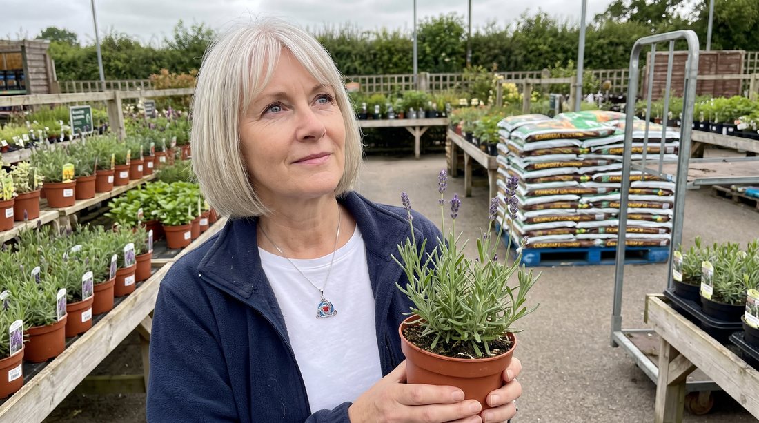 A woman at a garden centre wearing the witch knot necklace