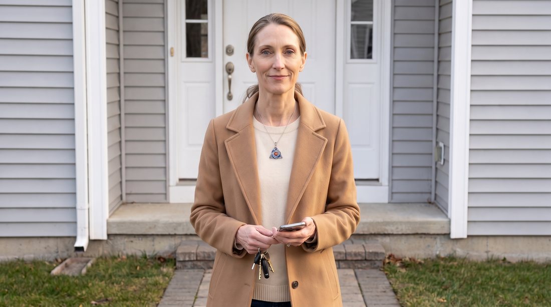 A woman leaving her house with keys and phone, wearing the necklace