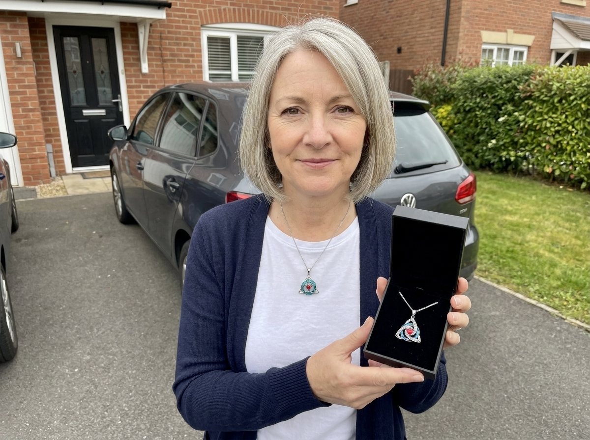 A woman on her driveway wearing the witch knot necklace and holding the second one in its box