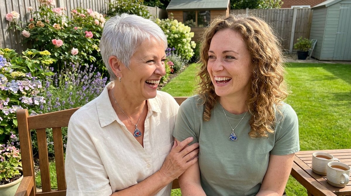 A mother and her grown daughter laughing in the garden, each wearing the witch knot