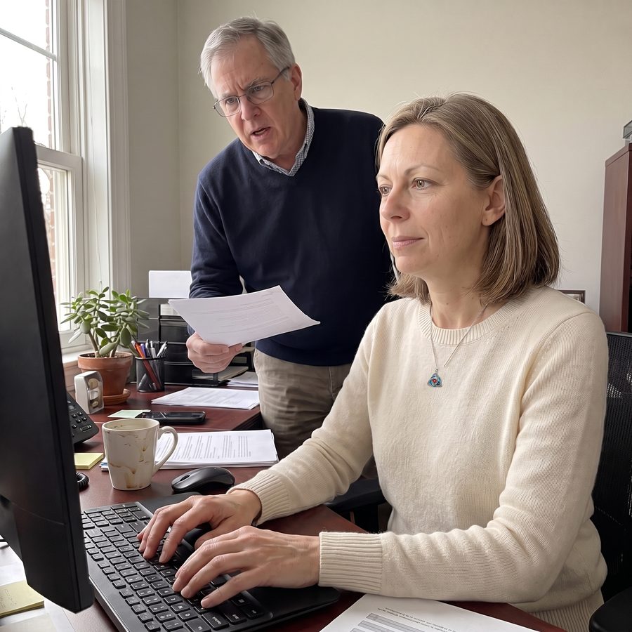 A woman stays calm at her desk while a colleague complains