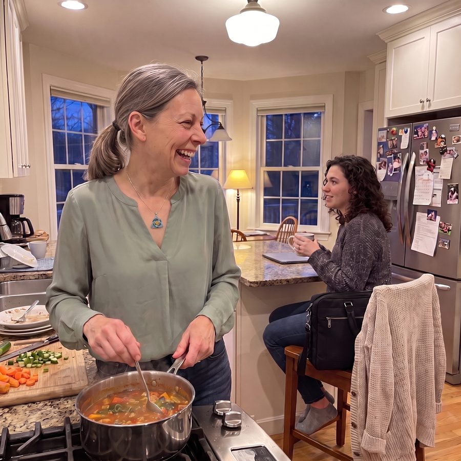 A woman laughing with her daughter while cooking dinner