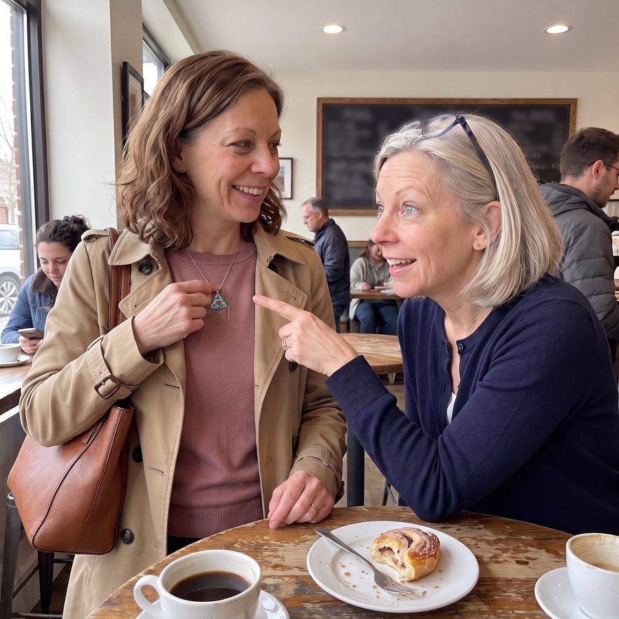 A woman's sister points at her necklace in a café