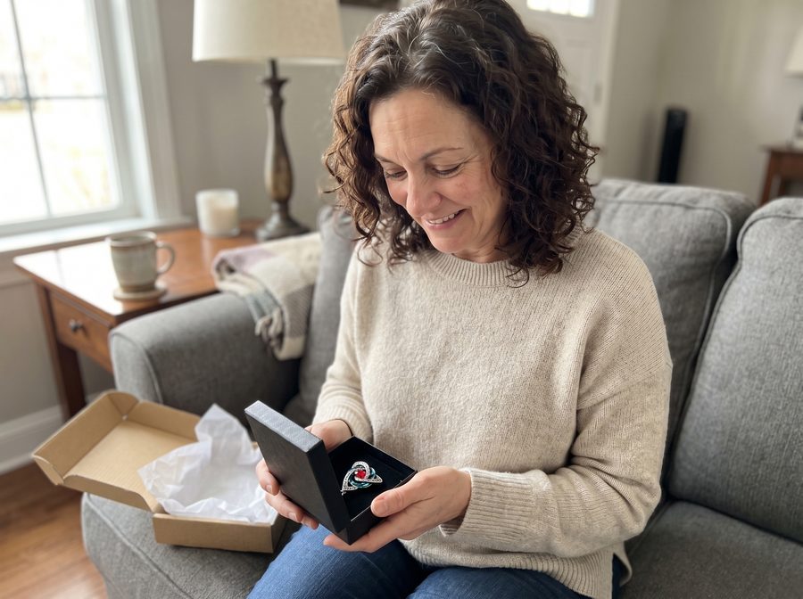 A woman opening her witch knot necklace at home