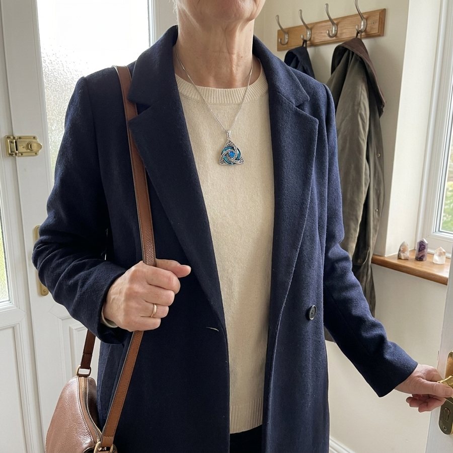 A woman by her front door wearing the witch knot, crystals left on the windowsill