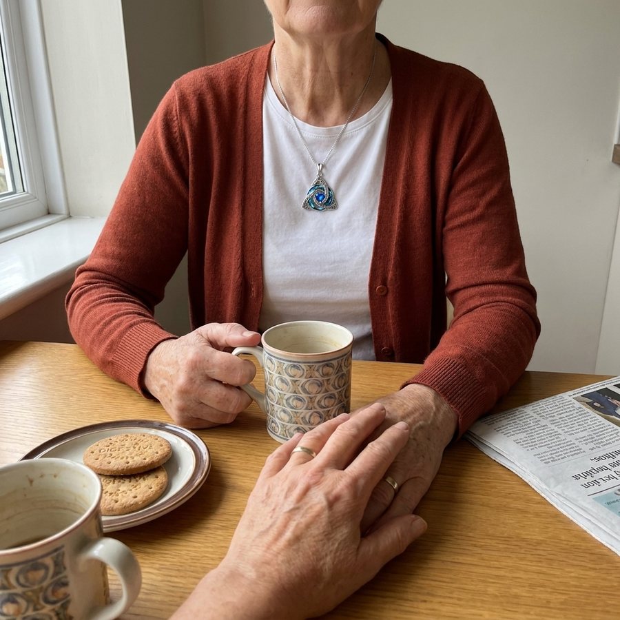Two friends having tea, the witch knot at the collarbone