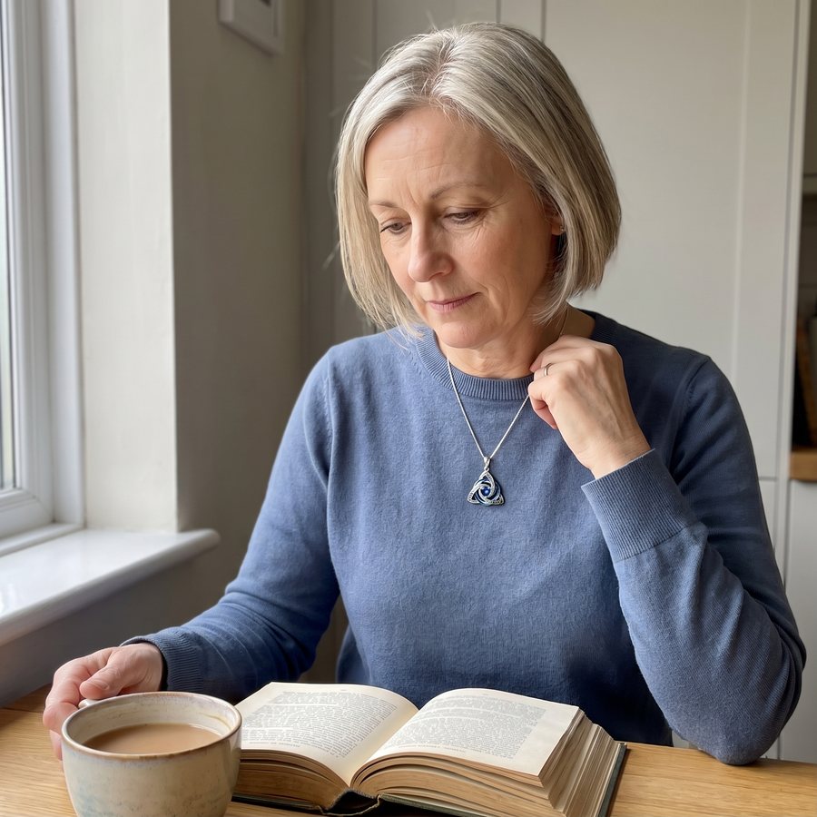 A woman at her kitchen table lifting the witch knot pendant to look at it