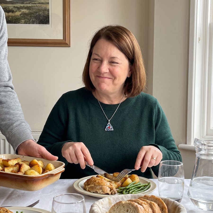 A woman at a family Sunday lunch wearing the witch knot necklace