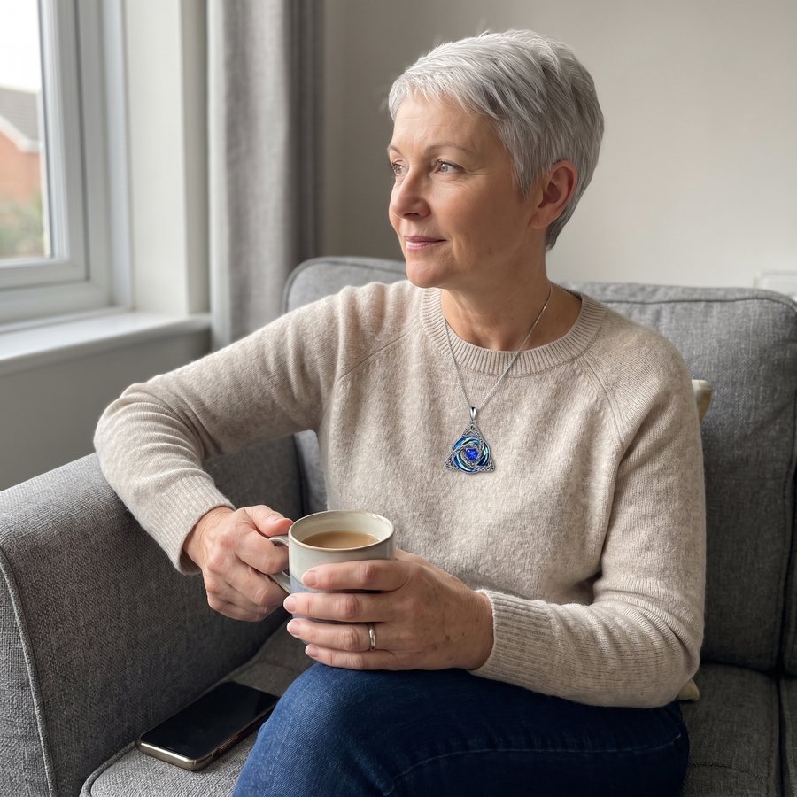 A woman relaxing on her sofa with a cup of tea, wearing the witch knot
