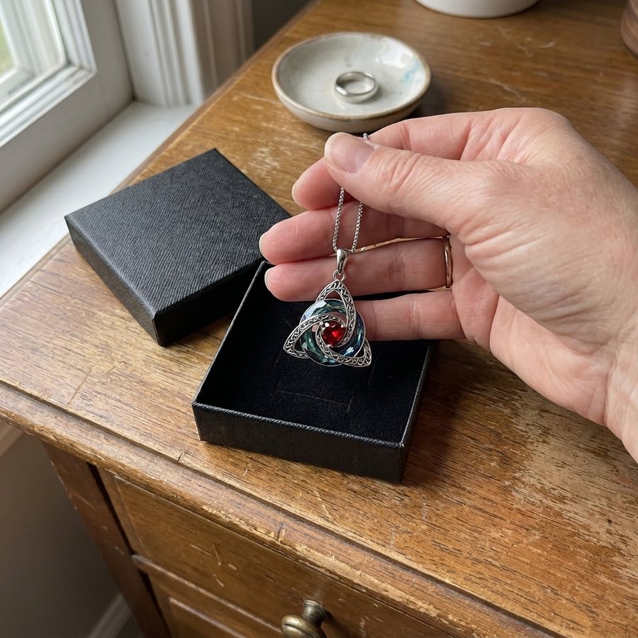 A hand lifting the witch knot necklace with a red heart out of its jewellery box
