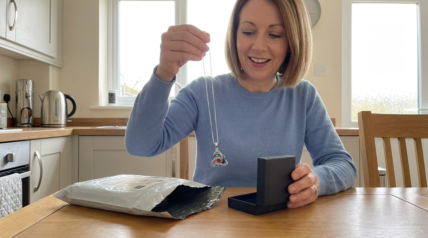 A woman at her kitchen table holding up the witch knot necklace she has just unboxed