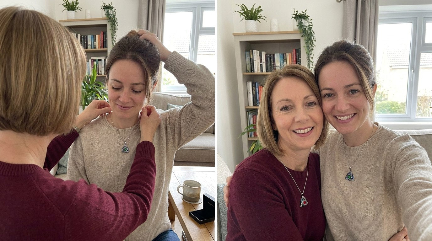 A mother fastening the necklace on her grown daughter, and the two of them together