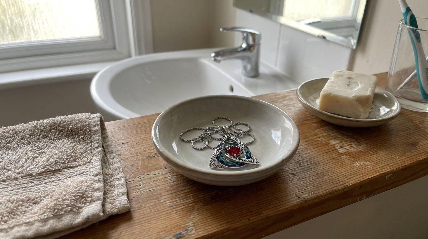 The necklace left in a dish by the bathroom sink before a shower