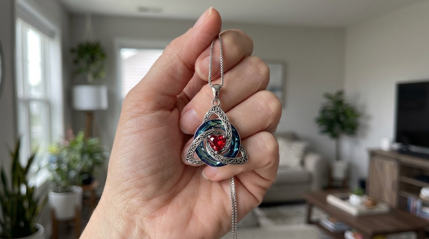 A hand holding up the witch knot pendant in the living room