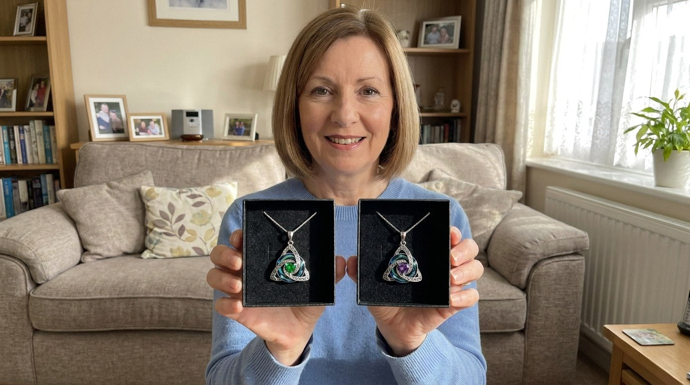 A woman holding up two witch knot necklaces in their boxes, two different birth months