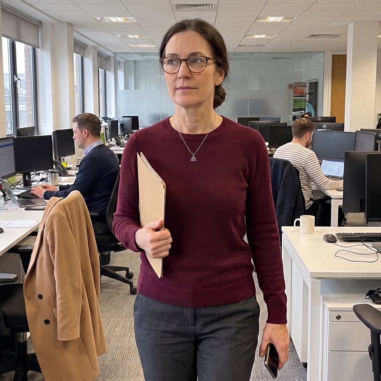 A woman walking through her office wearing the necklace