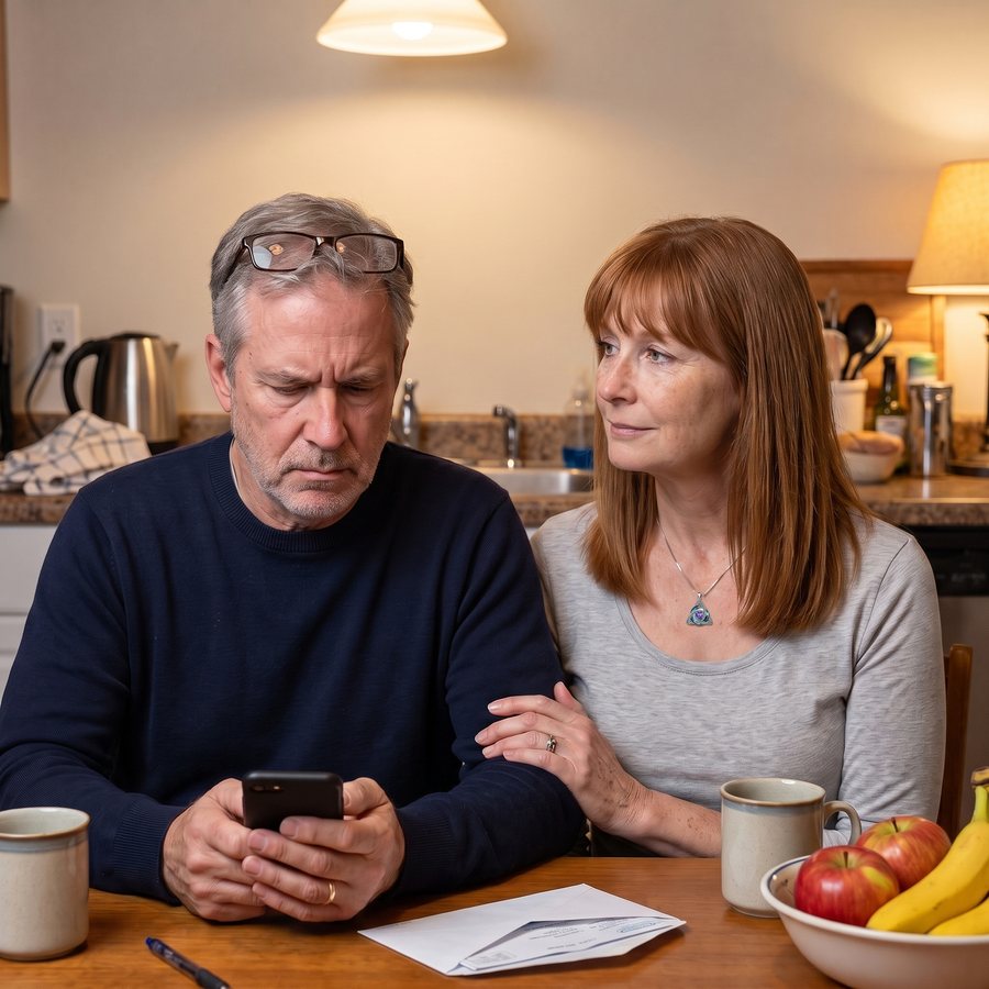 A calm woman sitting close to her grumbling husband