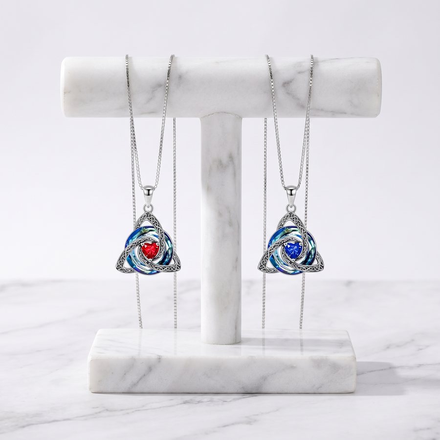 Two Witch Knot Birthstone Necklaces, red and blue hearts