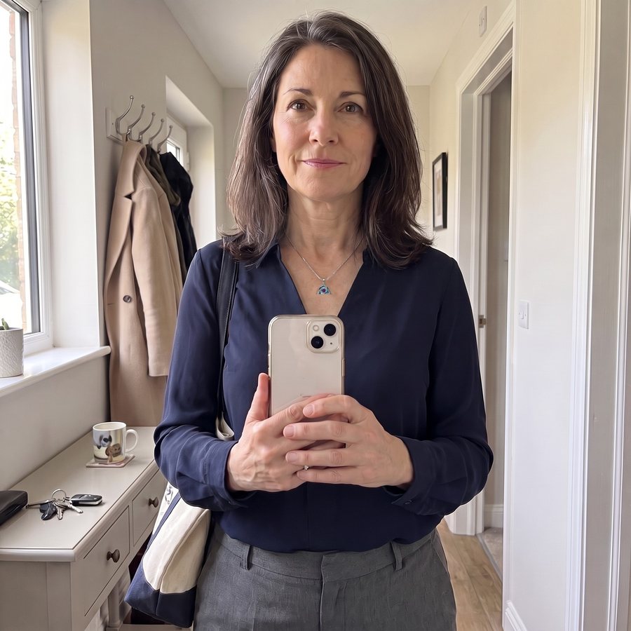 A woman takes a mirror selfie wearing her necklace before work