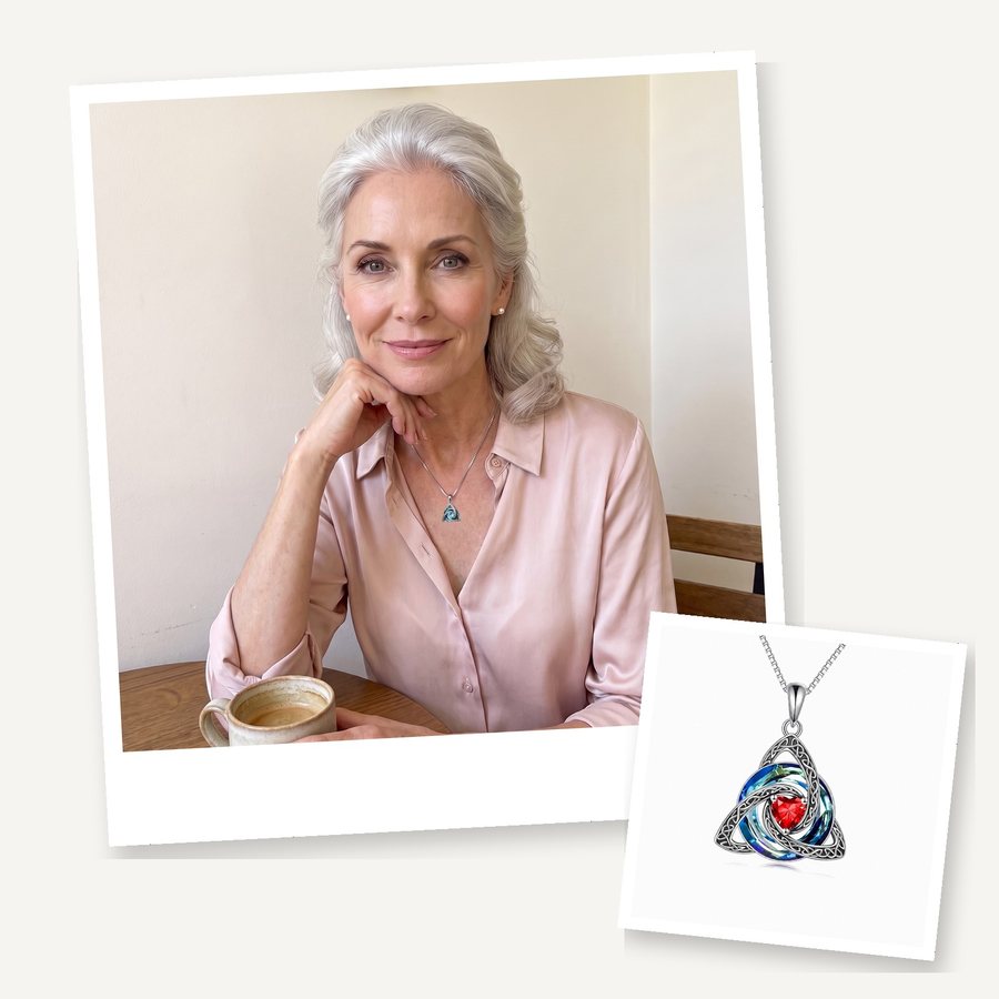 A portrait of a woman wearing the necklace and the necklace itself