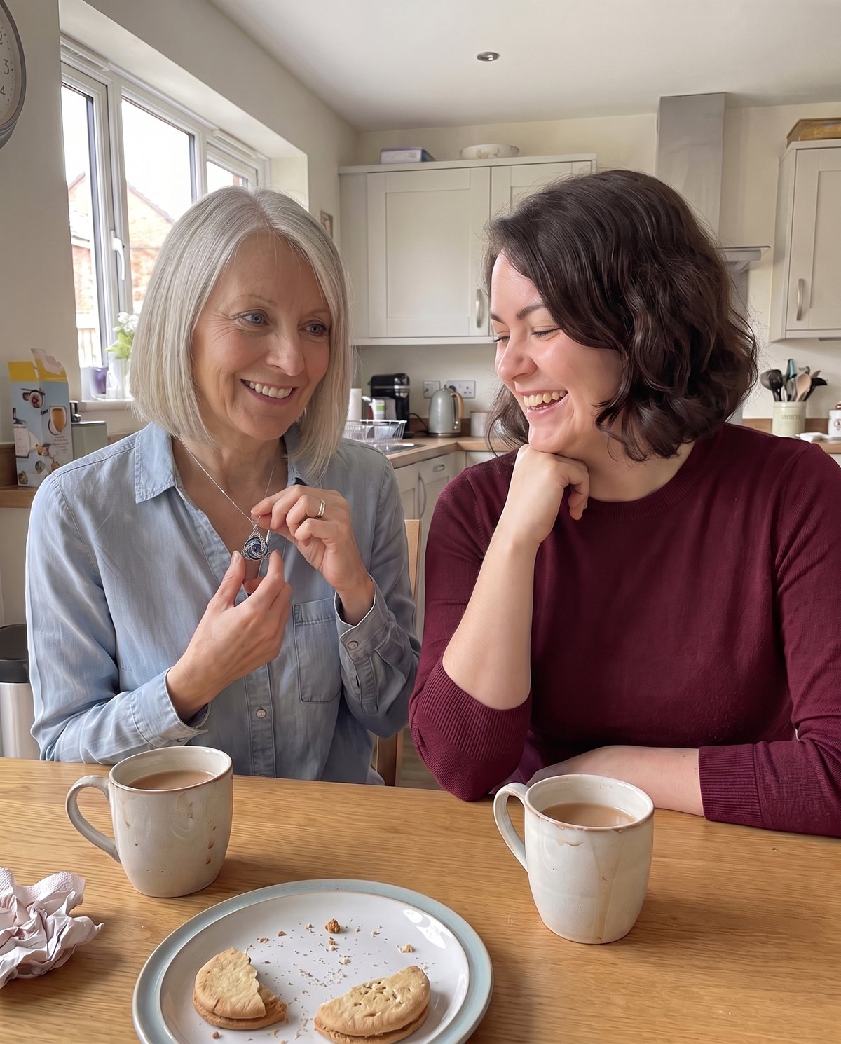 At Sunday lunch, a sister lifts the pendant to look at the heart