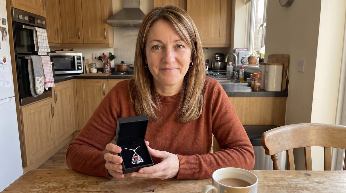 A woman showing the Avera Witch Knot in its box
