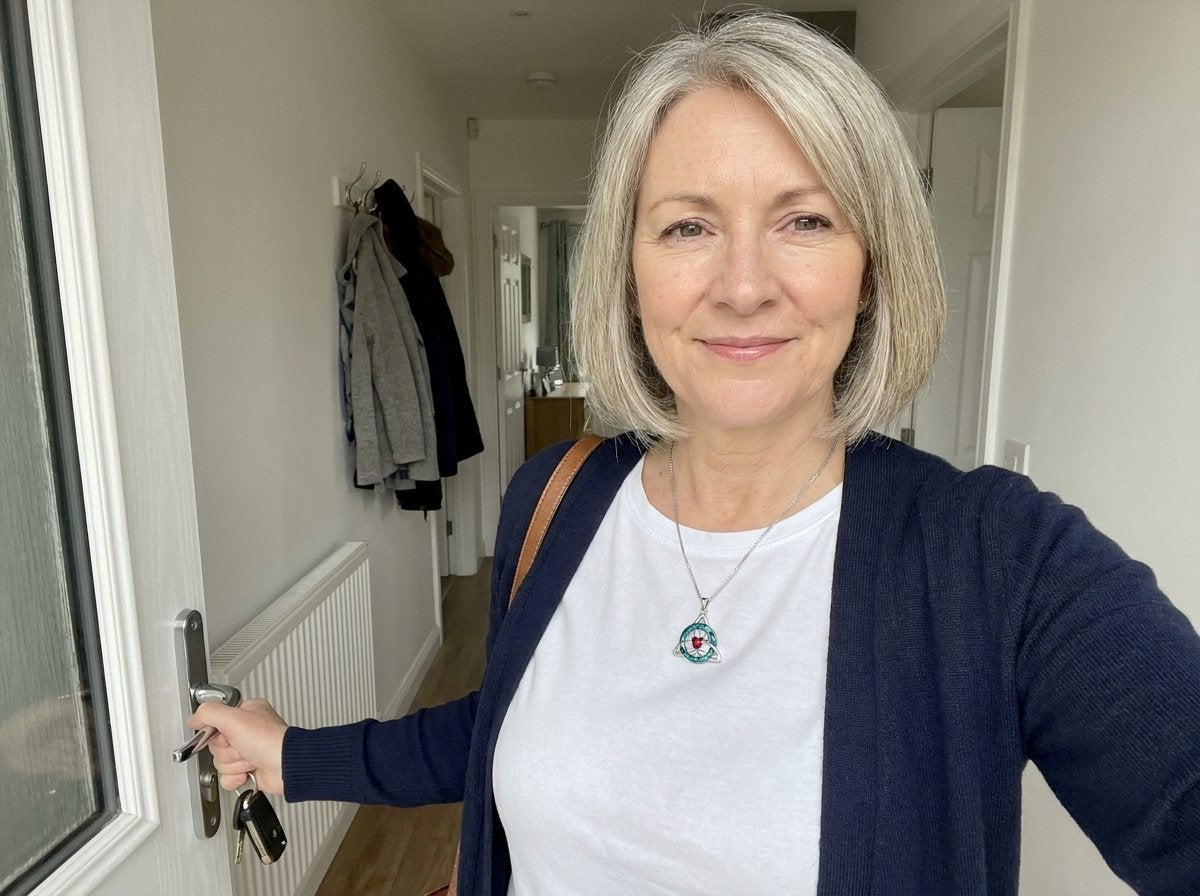 A woman in her fifties at her front door, a small witch knot pendant at her collarbone