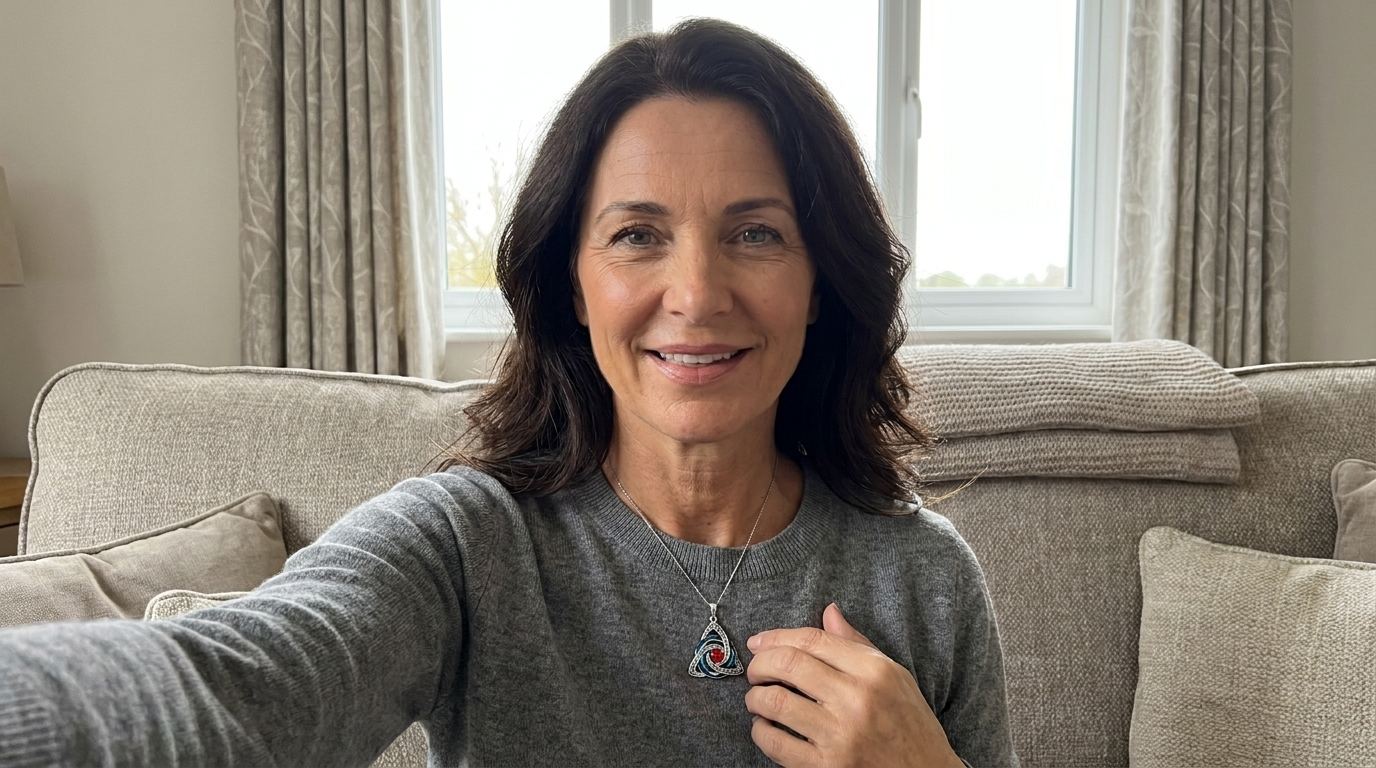 A woman on her sofa, her hand resting on the witch knot pendant