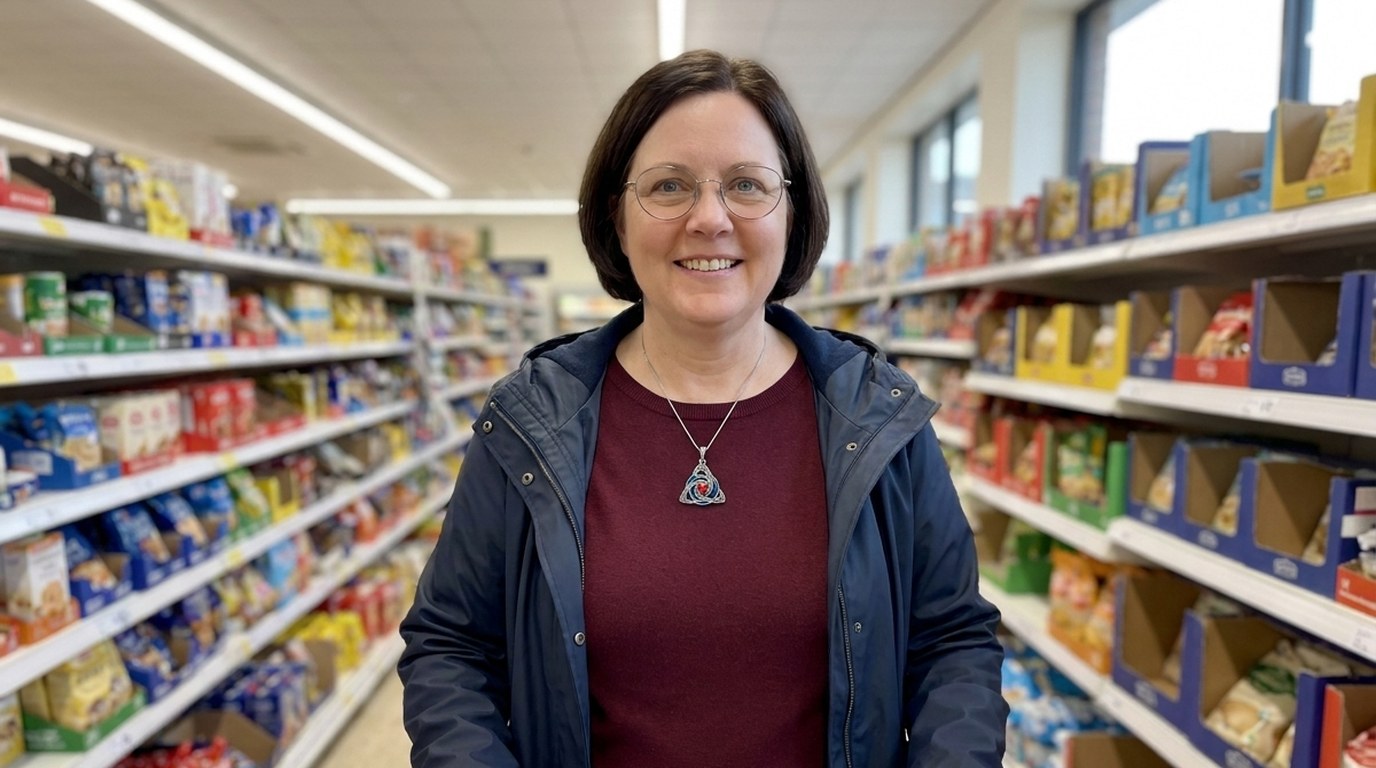 A woman in the supermarket aisle wearing the witch knot pendant