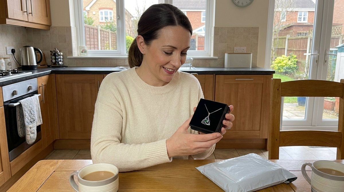 A woman at the kitchen table opening the necklace's jewellery box