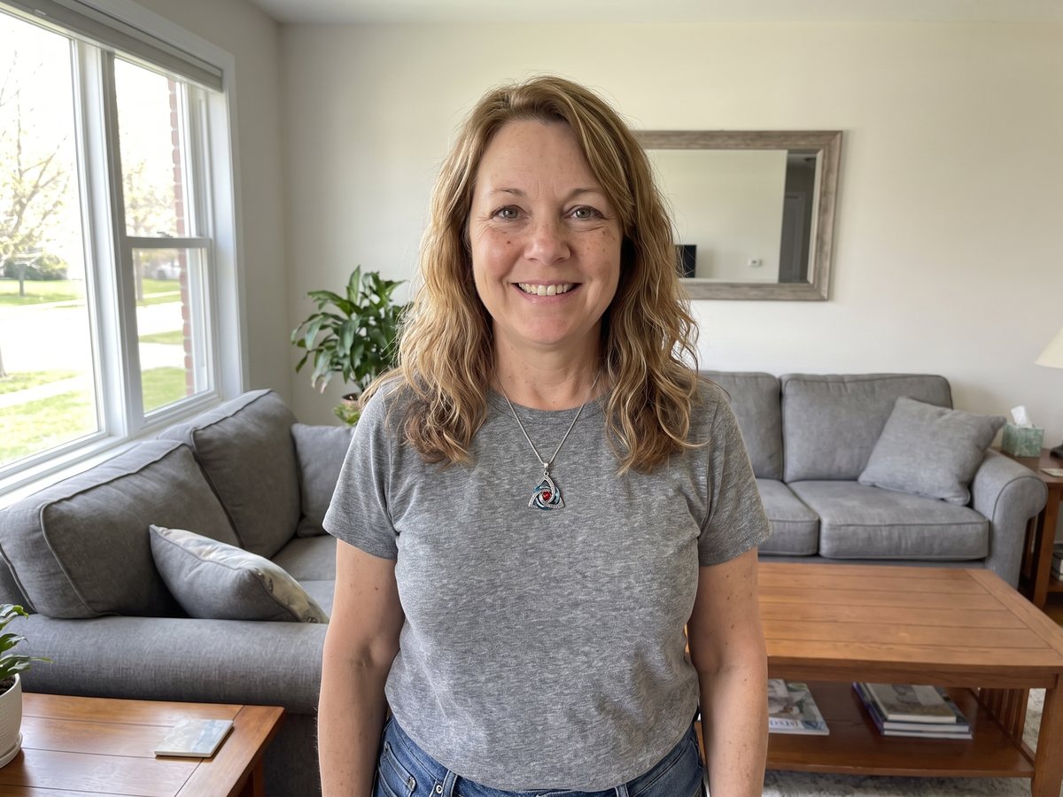 A woman wearing the witch knot birthstone necklace at home